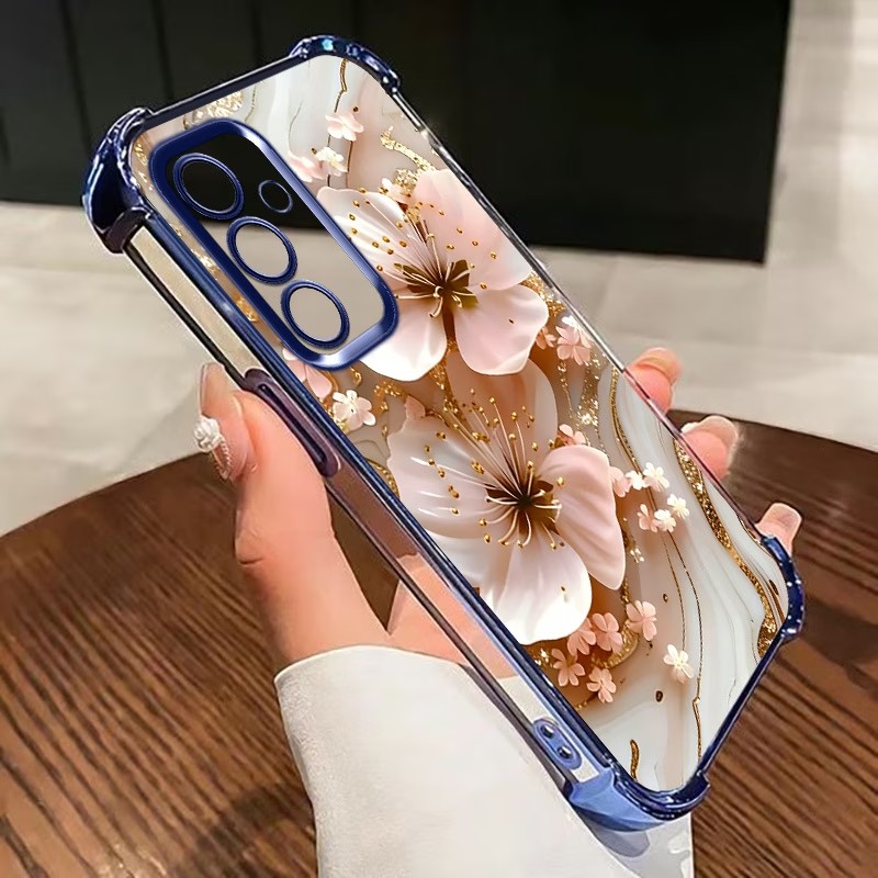 Samsung Galaxy S25 - غطاء هاتف شفاف مزخرف بالزهور ومطلي