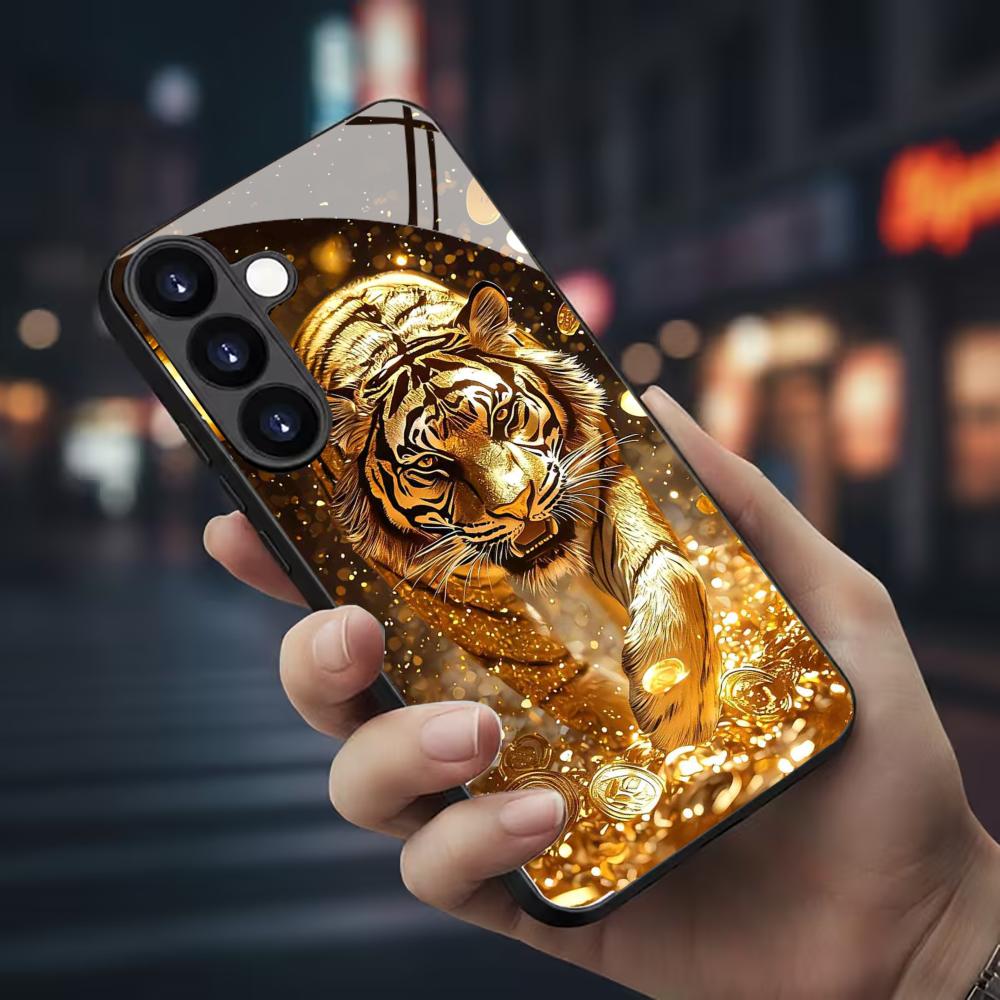 Samsung Galaxy S25 - جراب هاتف زجاجي بنمط النمر لهاتف